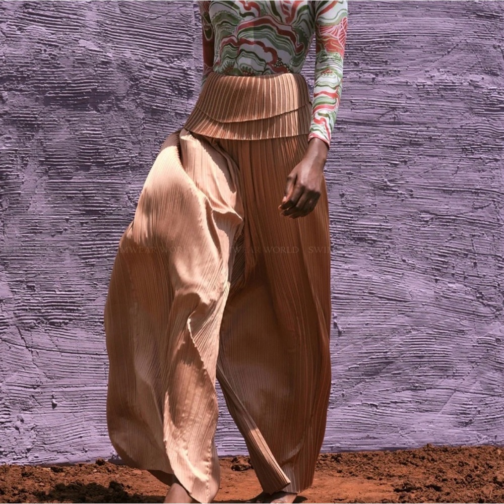 Andrea Iyamah NWT Toffee Linea Pleated High Waist Wide-Leg Long Pants